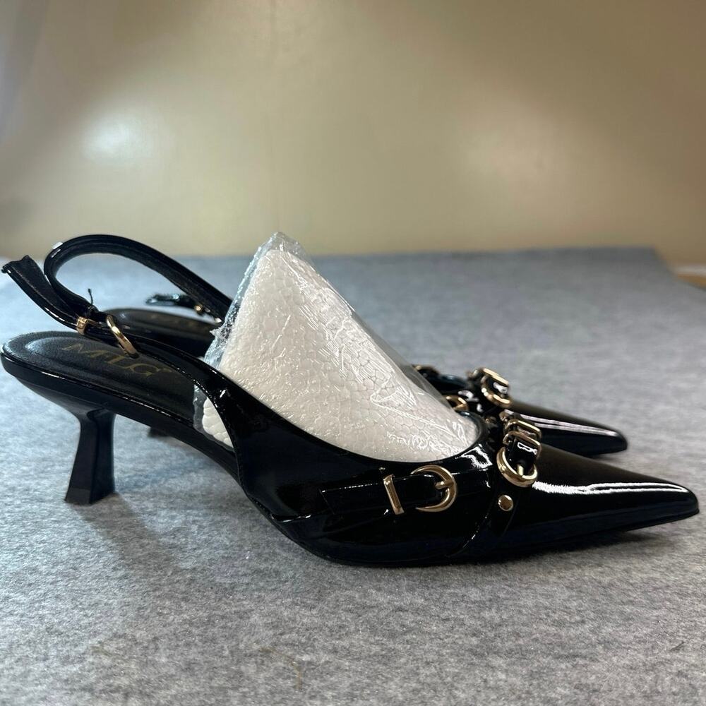 MFLG black patent leather slingback kitten heels closed pointed toe w/gold-tone